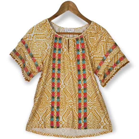 Anthropologie THML SZ S Gold & White Embroidered Top Pom Pom Sleeves Boho - Picture 2 of 7